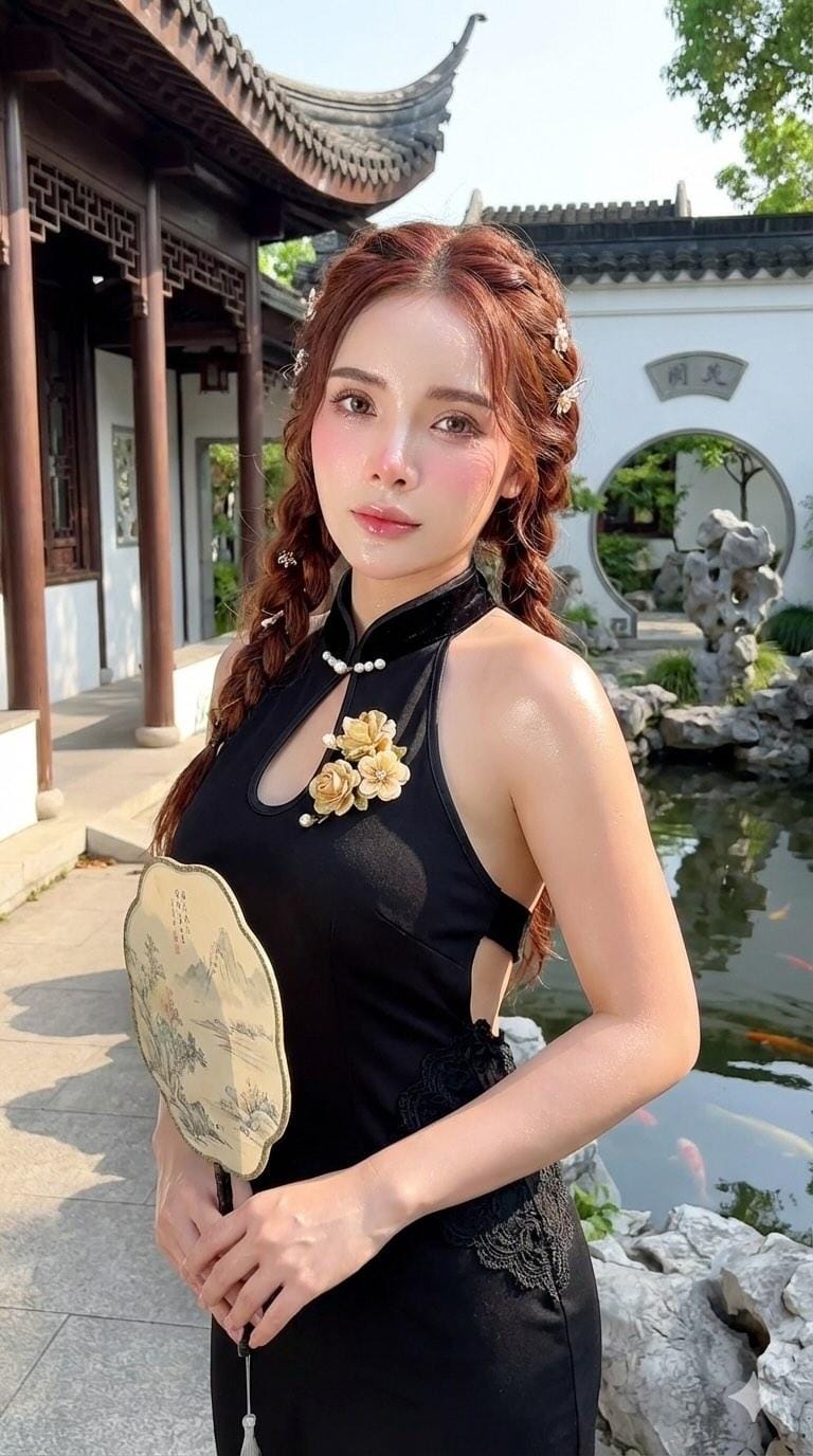 古典与现代融合的旗袍美女与中式园林