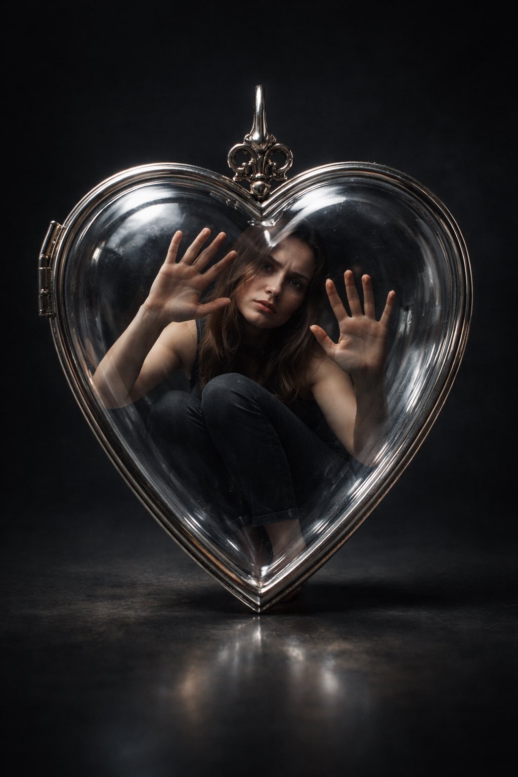 透明心形锁内的困扰年轻女性超现实概念肖像