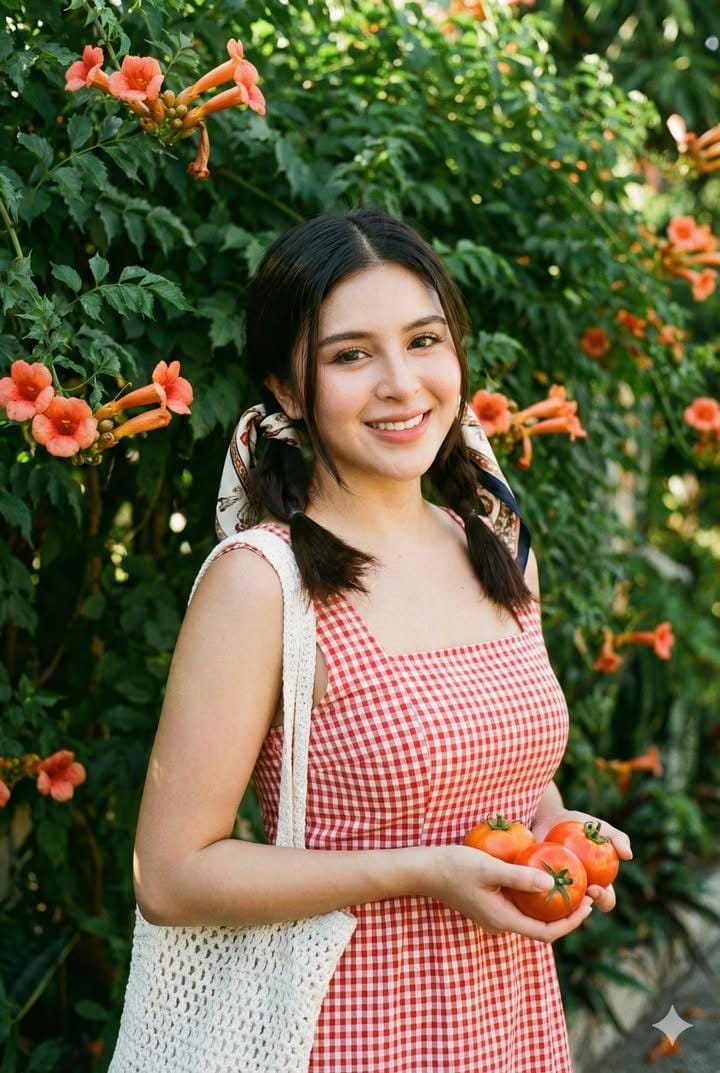 自然光下绿意盎然背景中的年轻女子