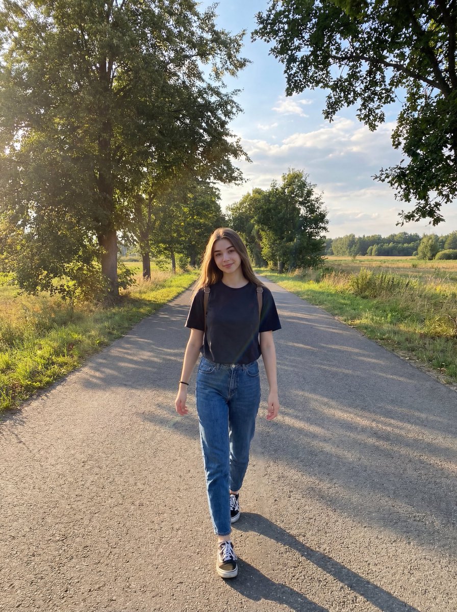 宁静乡村路上漫步的年轻女性