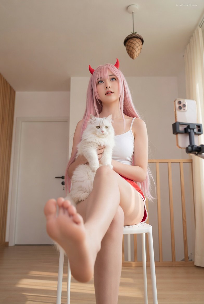 Cosplayer with Pastel Pink Hair and Devil Horns