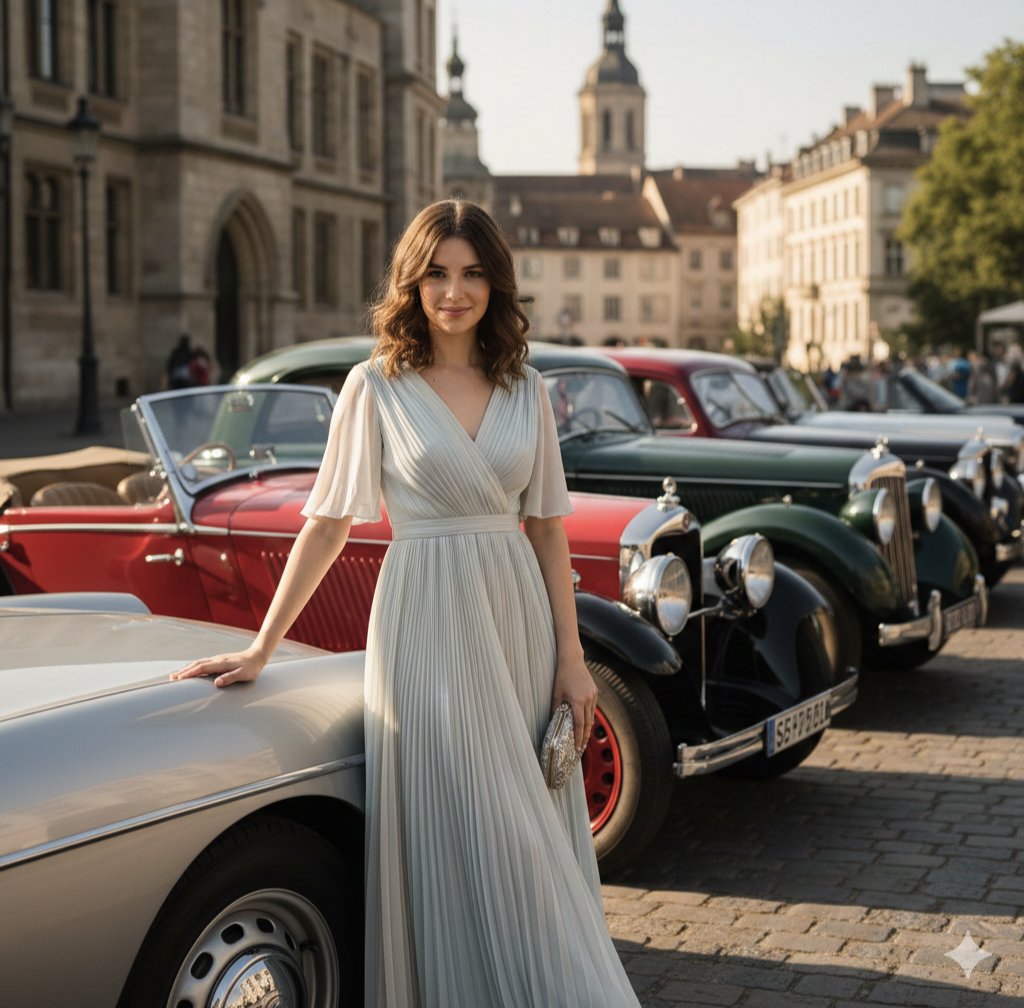 欧洲城市广场的复古车展中的优雅年轻女子