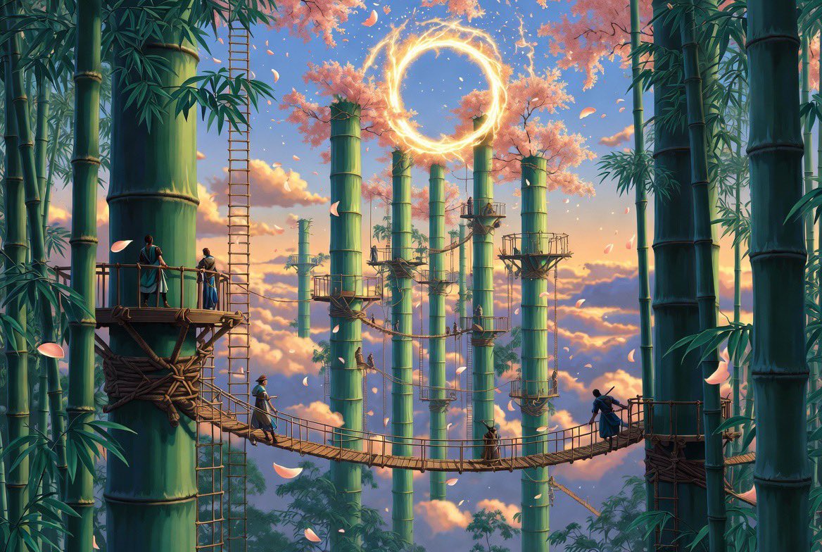 古代玉竹森林云中生长，冒险者攀爬竹茎，天空中的金色传送门，樱花瓣逆重力飘浮，梦幻的粉彩日出色彩，亚洲风格高幻想冒险