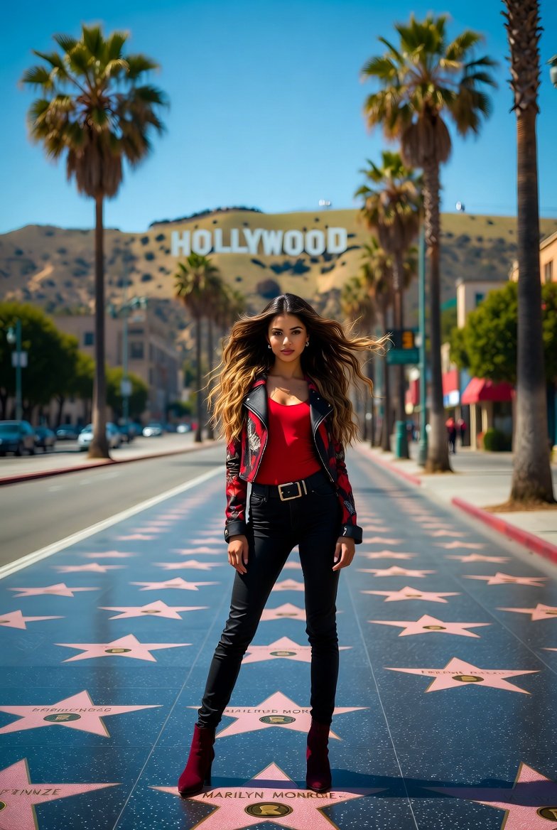 好莱坞星光大道上的自信冒险年轻女士