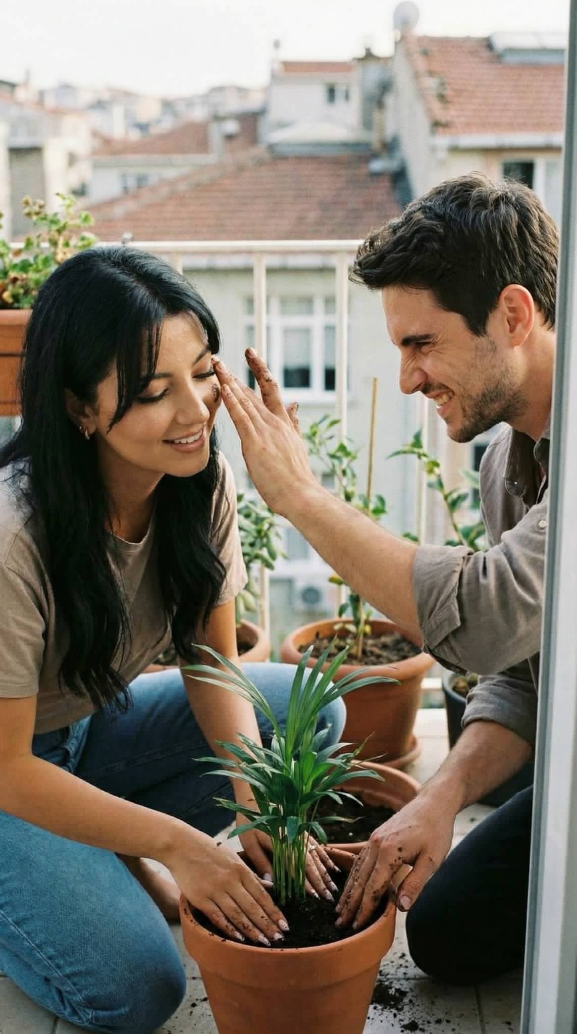 共同种植阳台绿植的情侣