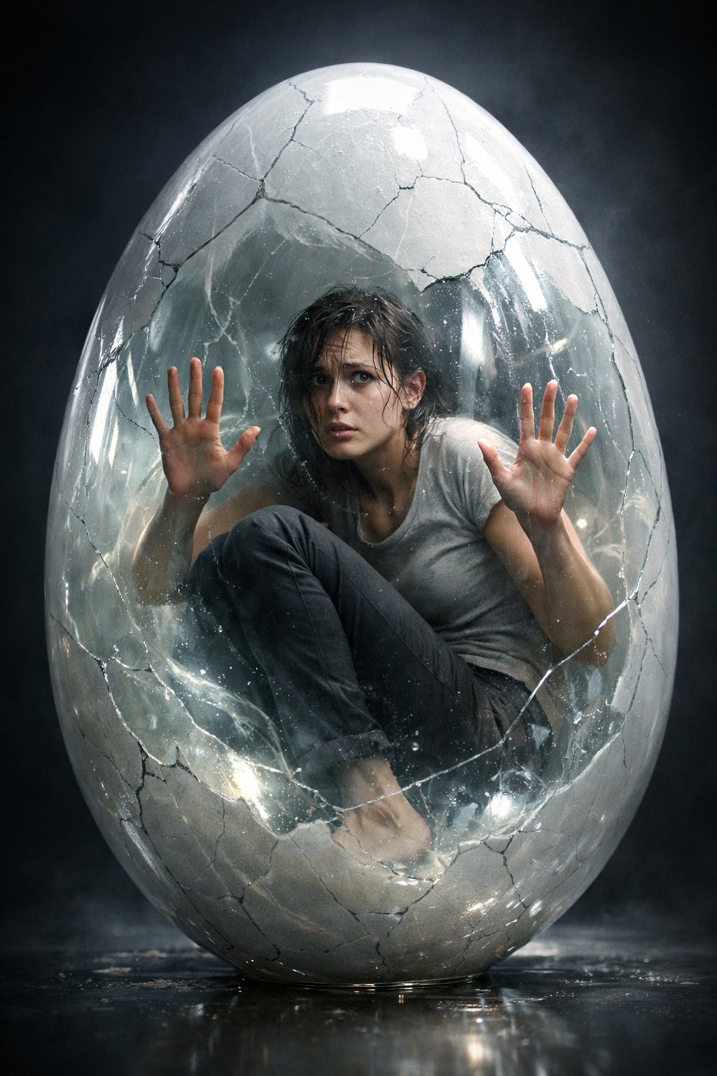 受困于破碎蛋壳中的焦虑年轻女性肖像