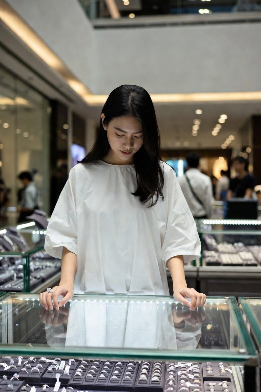 珠宝店选购钻石戒指的优雅女士