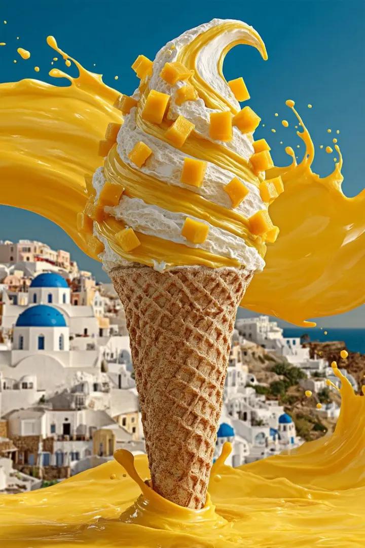 巨芒果冰淇淋风暴撞击圣托里尼夏日风情
