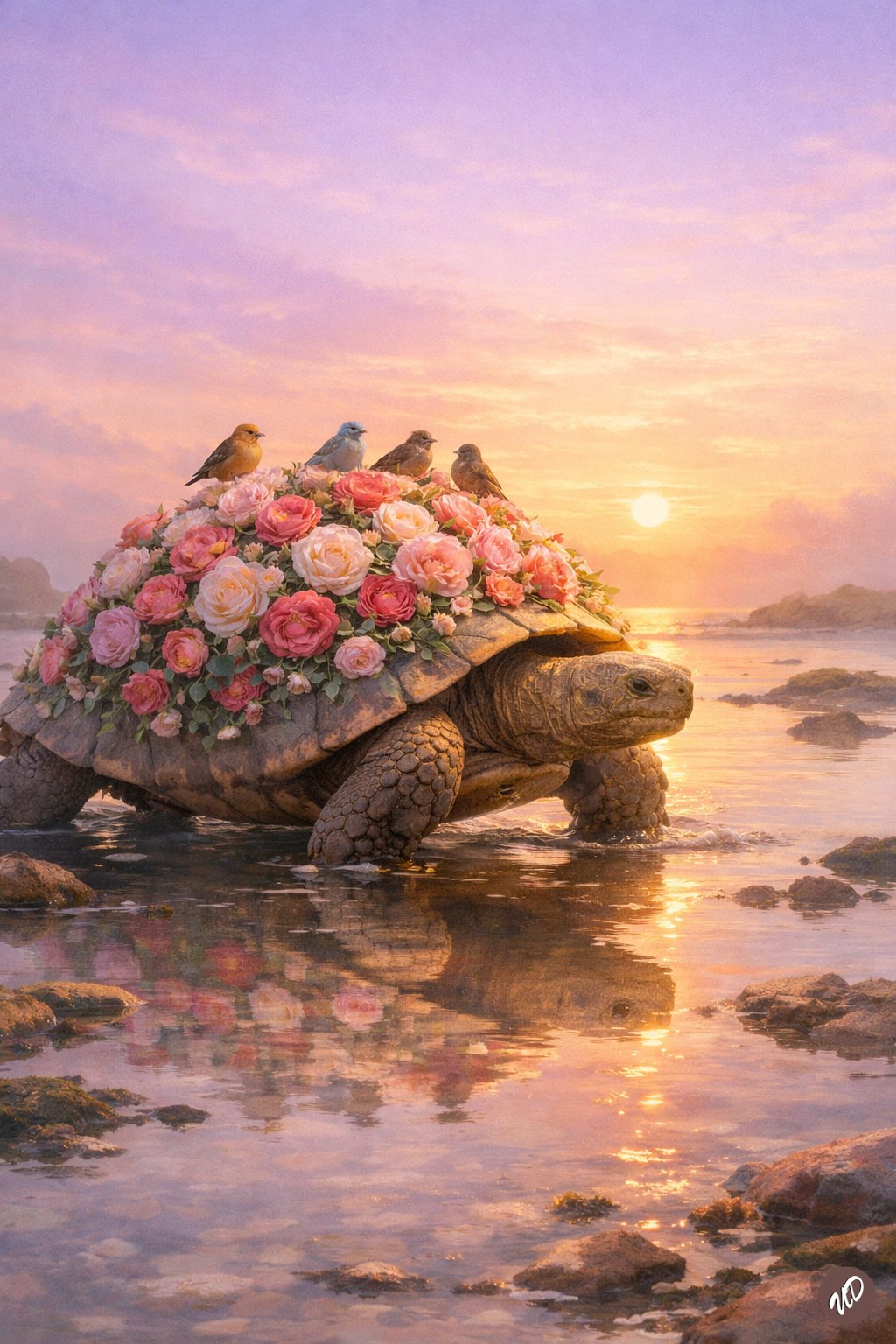 玫瑰覆盖的巨龟在潮池中缓慢前行