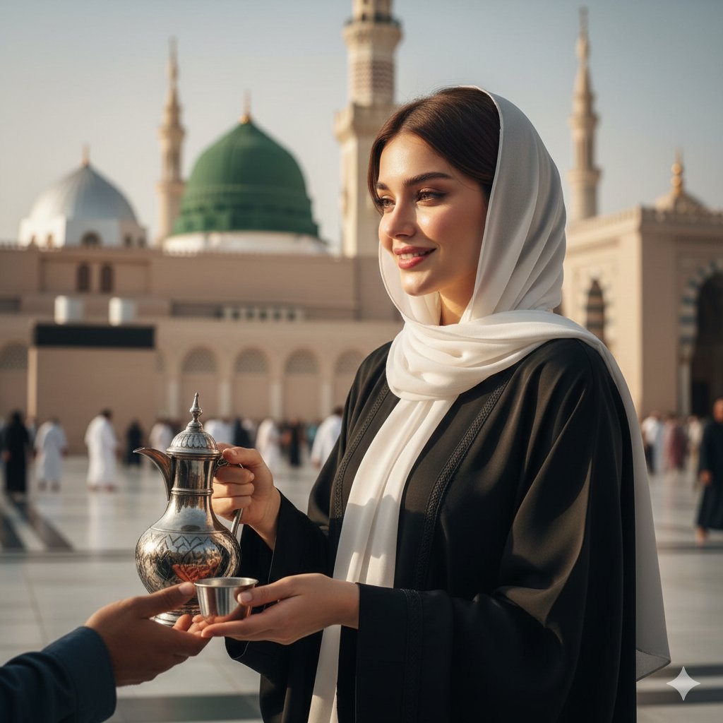 麦地那清真寺庭院中优雅的穆斯林女性肖像