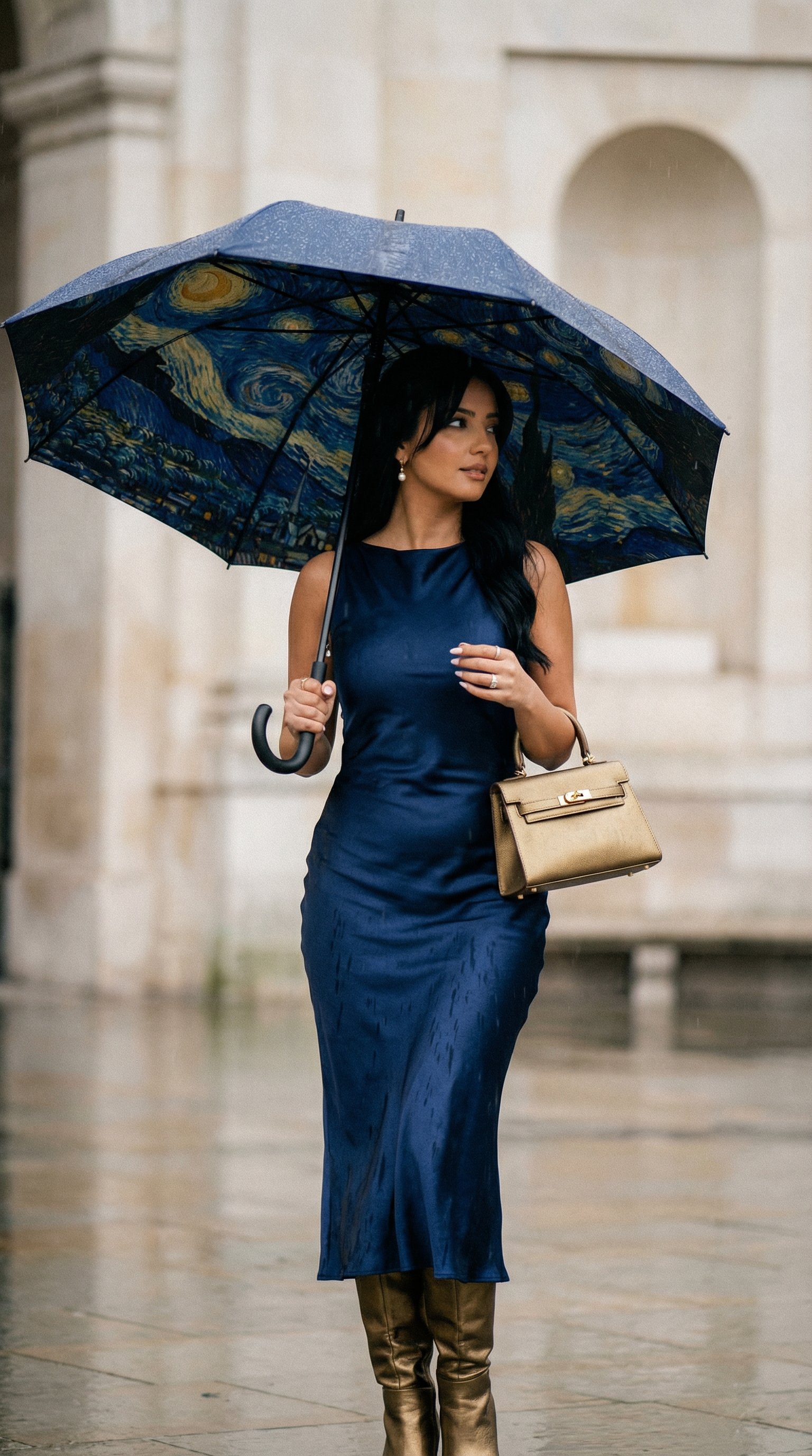 星空雨中站立的女性