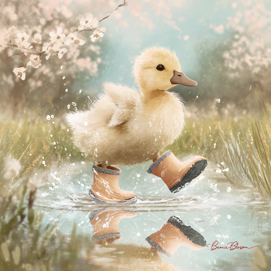 穿着略大的雨靴的小鸭在浅水坑中兴奋地溅起水花