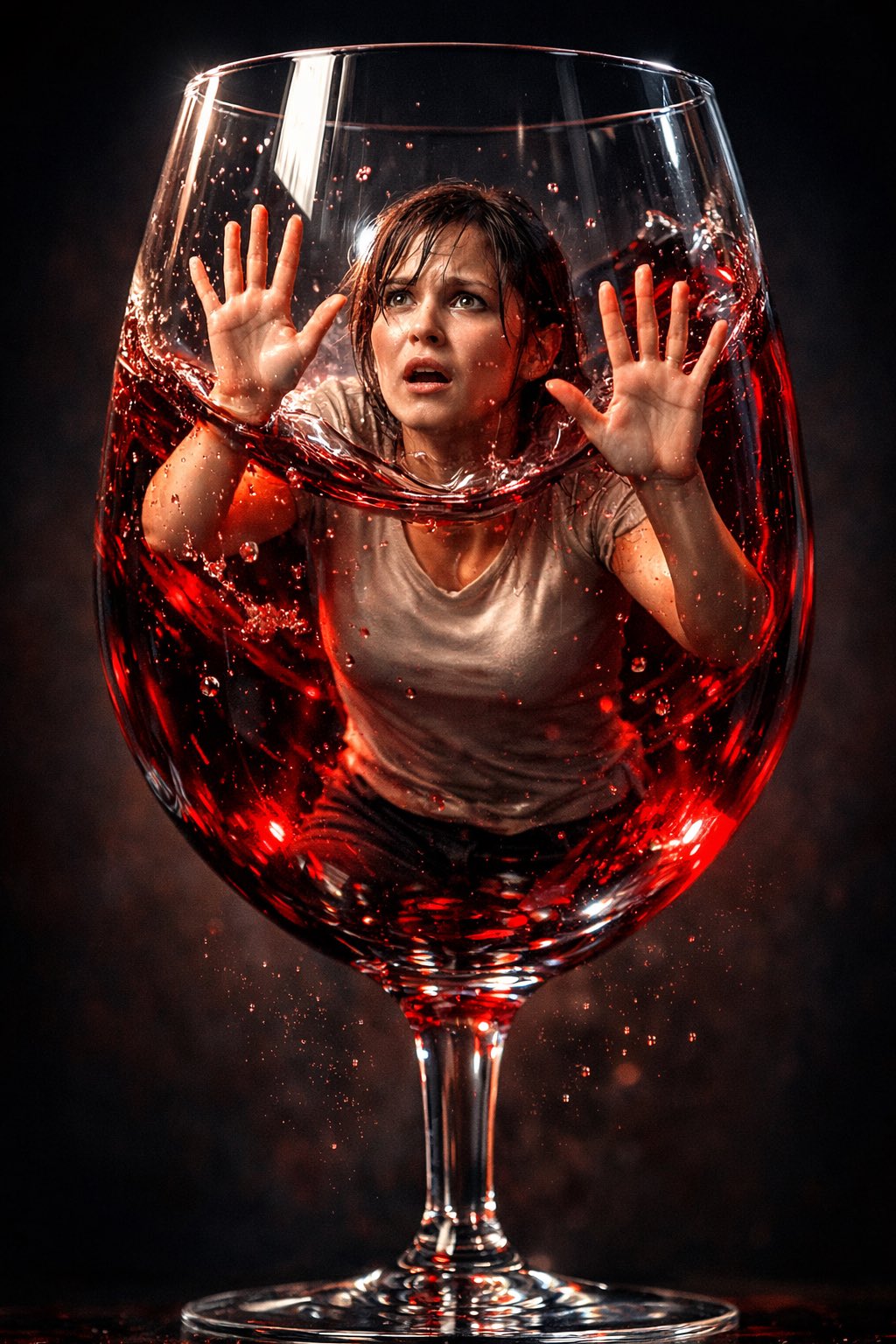 超现实概念肖像：被困在巨型水晶酒杯中的焦虑年轻女性