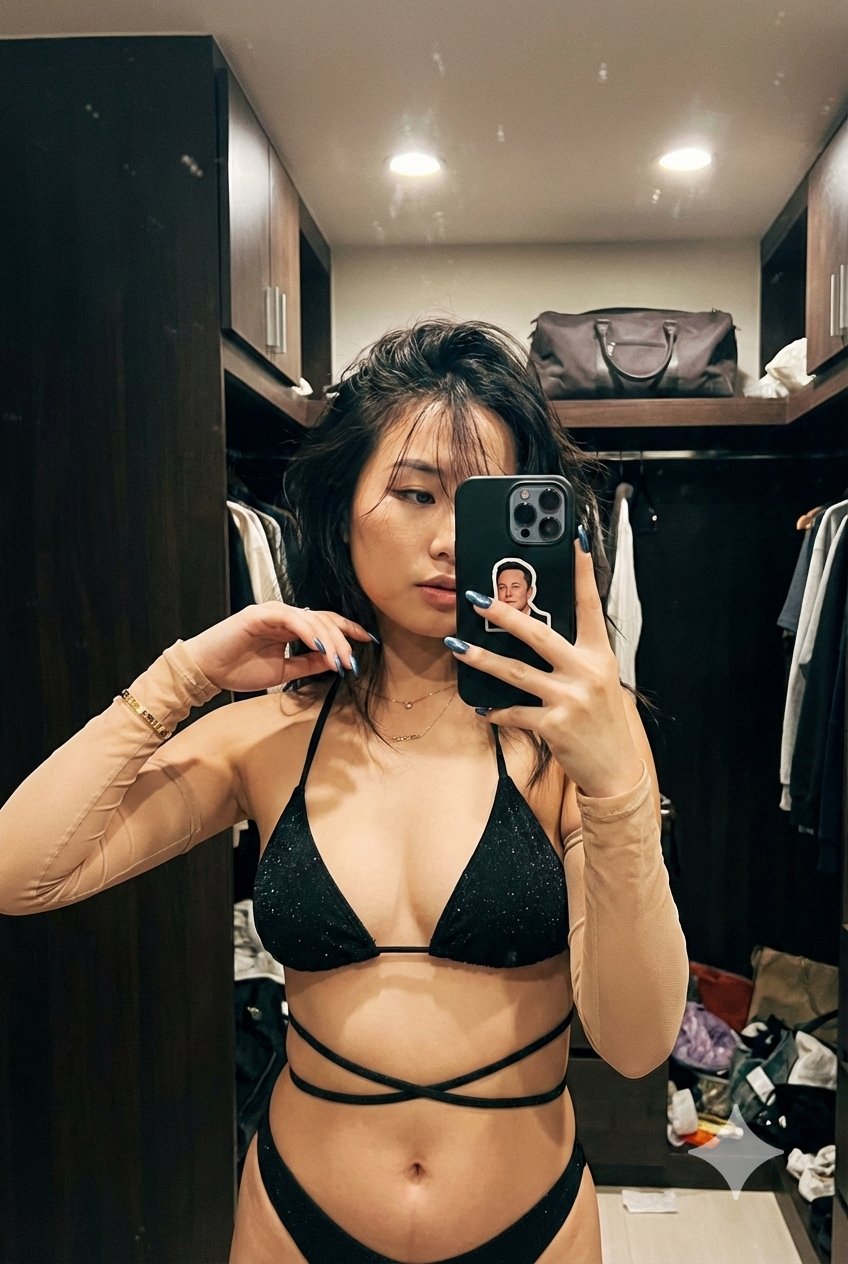 年轻亚裔女性在昏暗杂乱衣柜中随意拍镜自拍