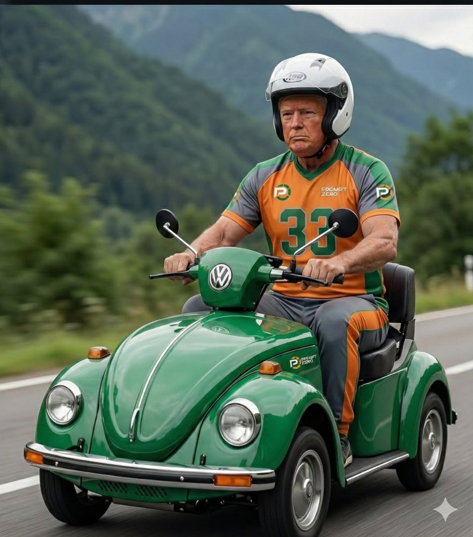 年轻运动员驾驶经典红色大众甲壳虫小定制滑板车