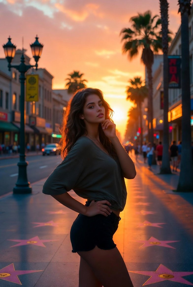 美丽年轻女性，好莱坞星光大道