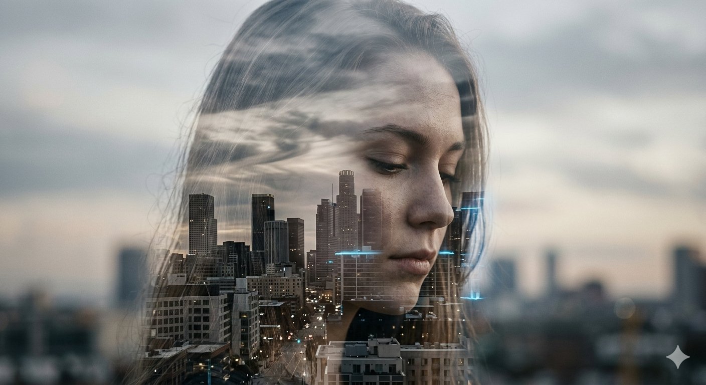 都市夜景与女子剪影双重曝光摄影