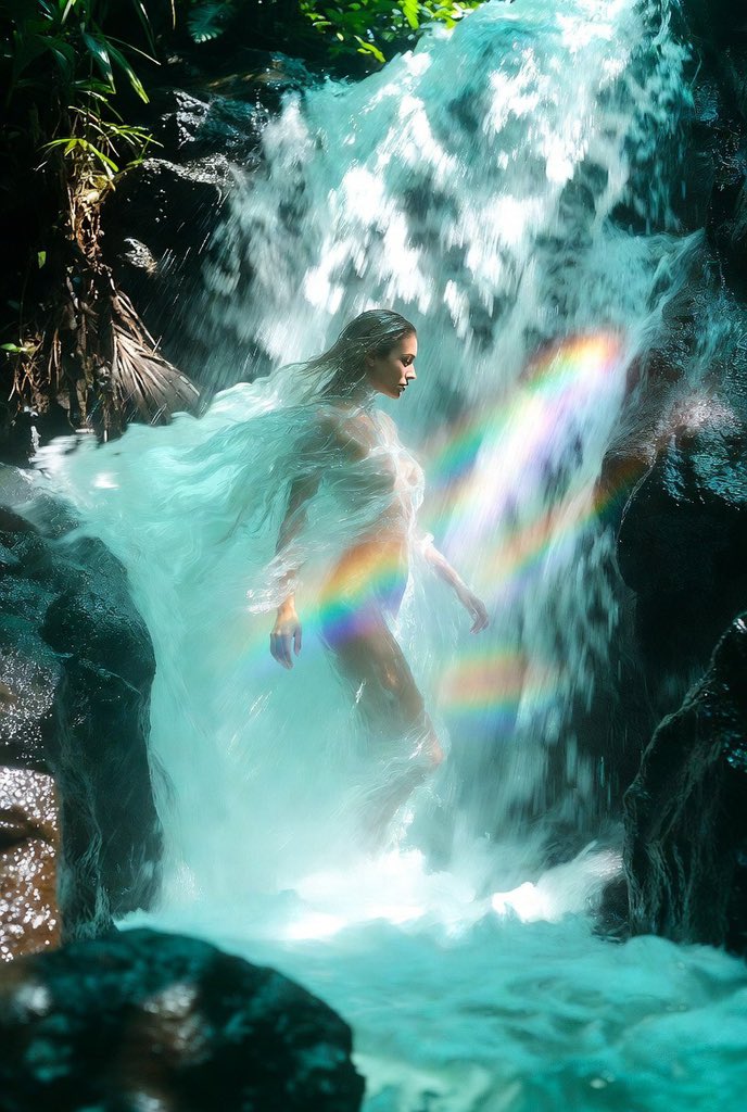 瀑布中半透明水之女