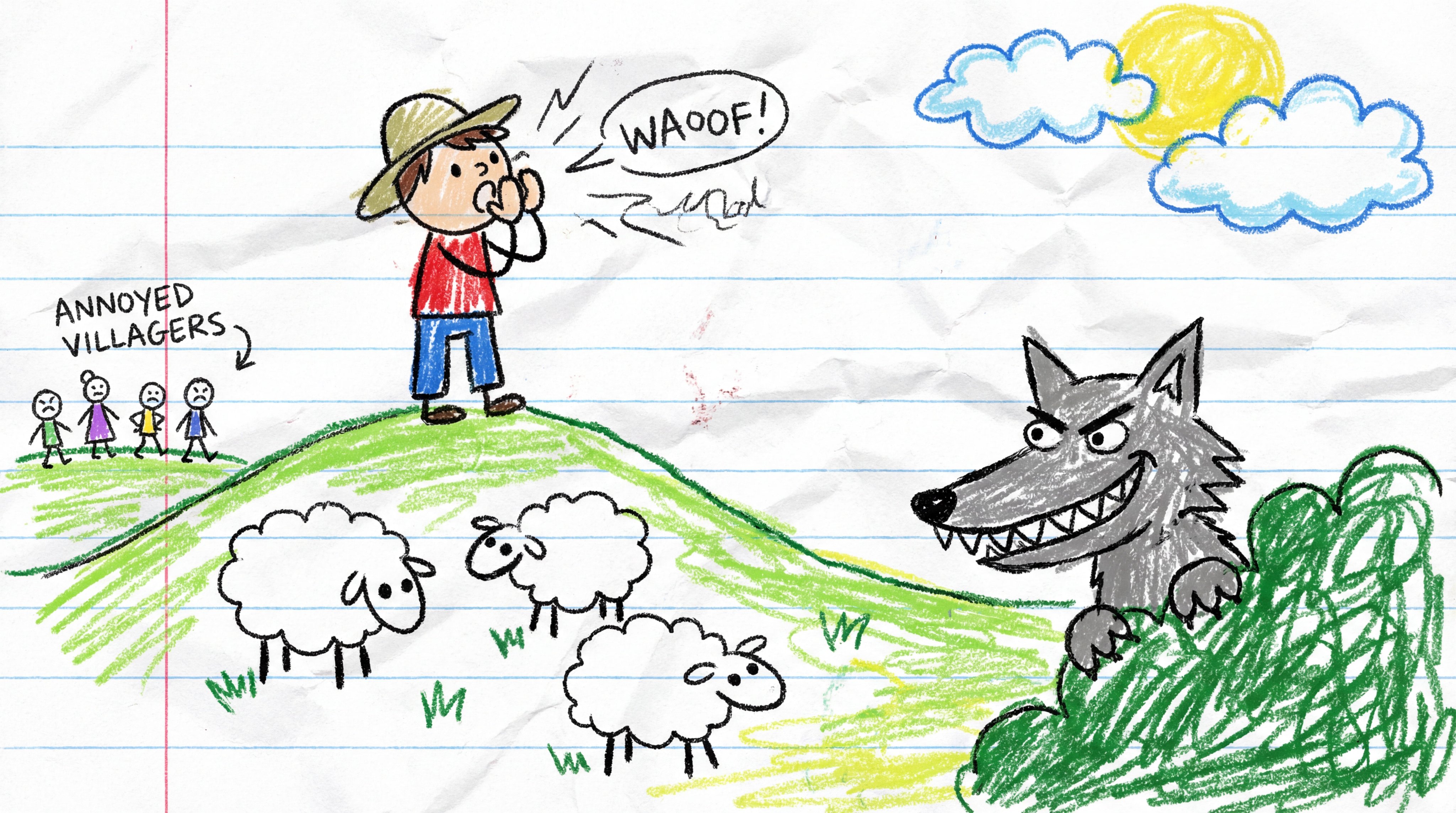 儿童蜡笔绘制在白线笔记本纸上的画作