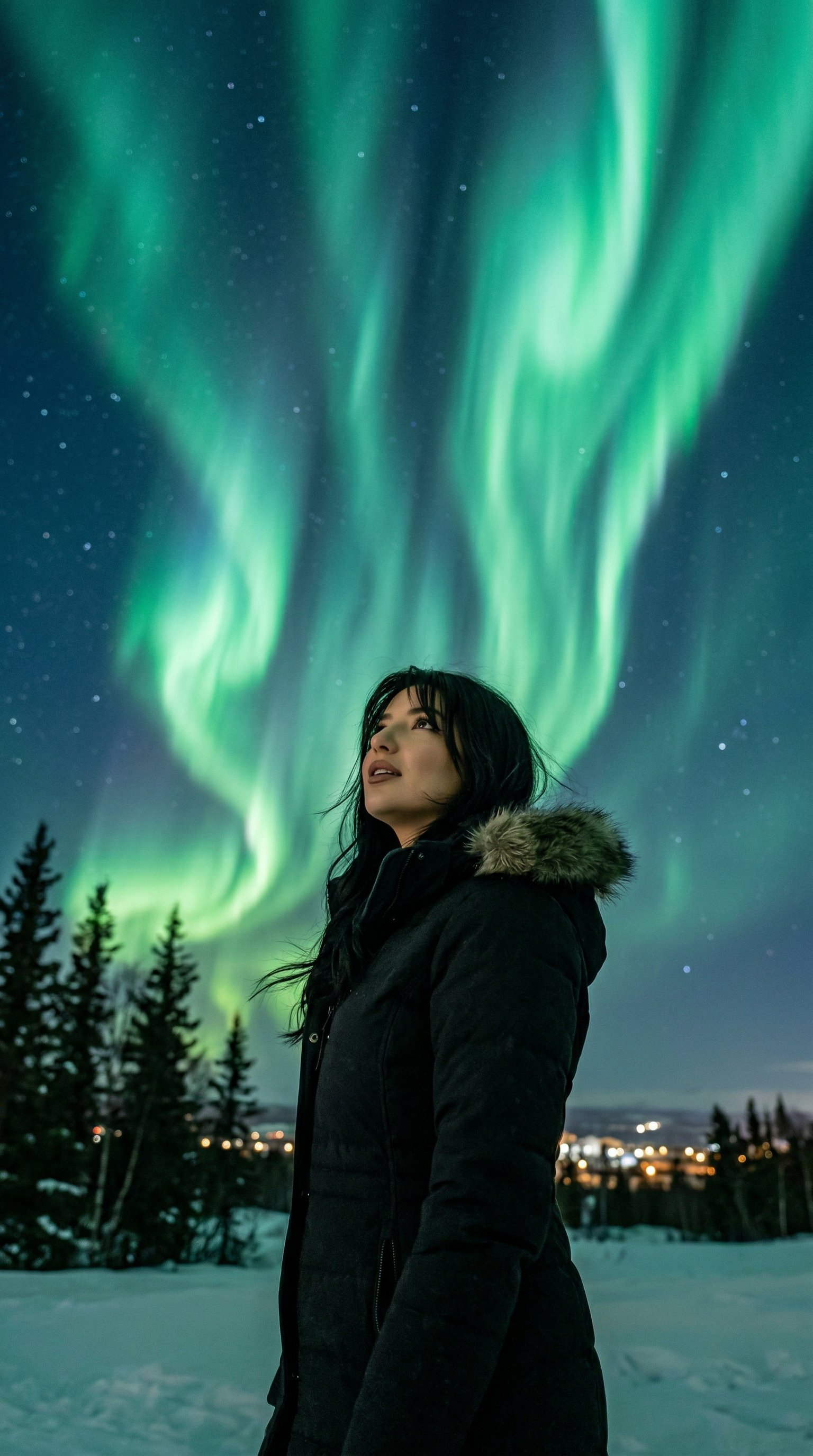 神秘北极光下的女性剪影