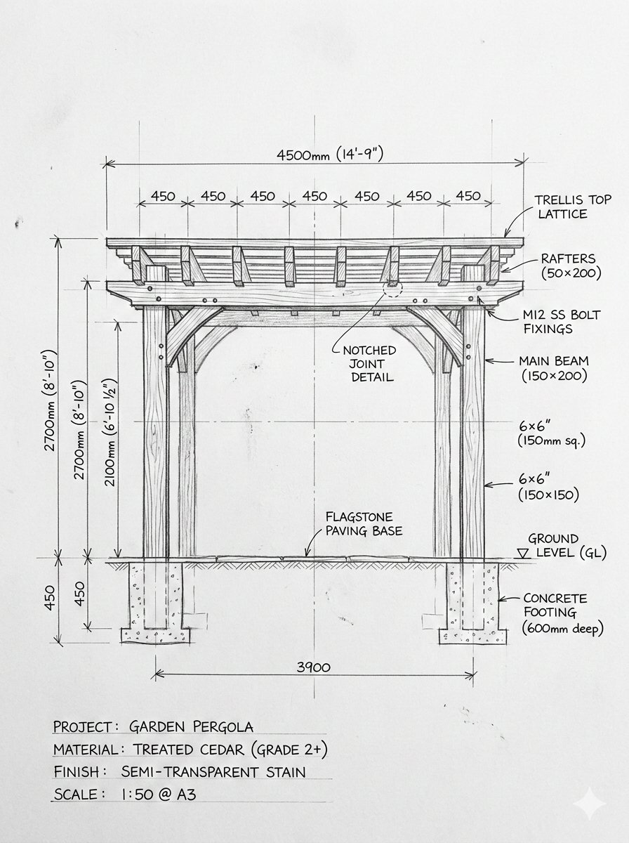 手绘蓝图中简单的 pergola 设计变为逼真的结构