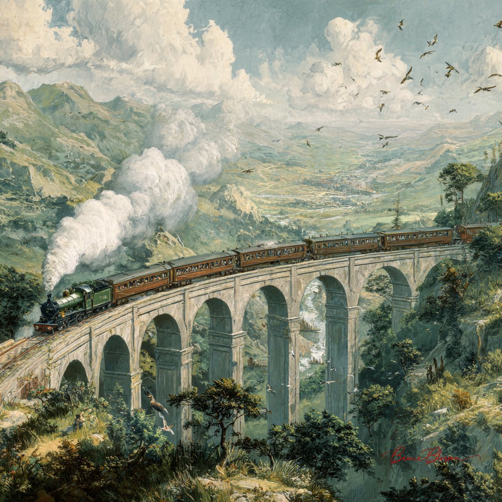 蒸汽火车穿越拱桥与绿色山谷